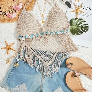 Bohemian crochet beige fringe crop halter top w body chain belt